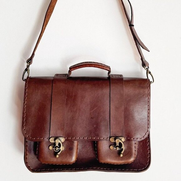Vintage Brown Leather Book Bag w Crossbody Strap - Picture 1 of 10